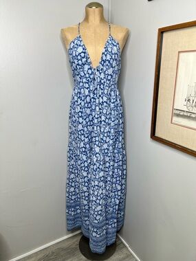 Sim & Sam Linen Blend Maxi Dress in Blue Floral size XL